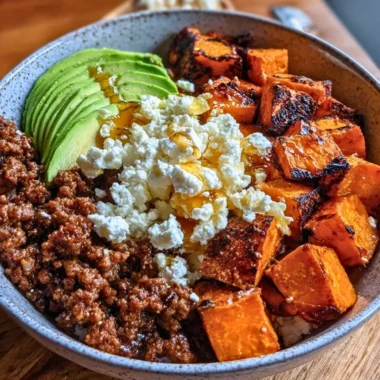 Hot Honey Beef Bowl with 45g protein, sweet and spicy flavors in a bowl