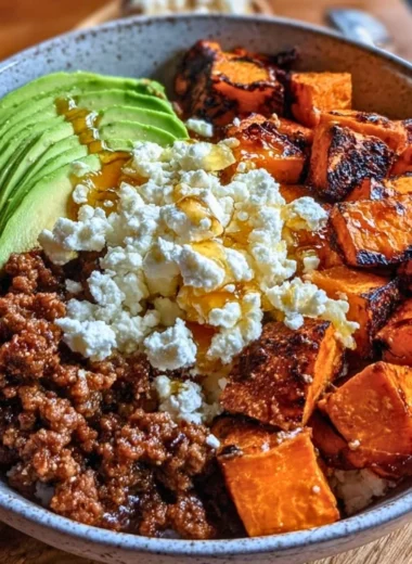 Hot Honey Beef Bowl with 45g protein, sweet and spicy flavors in a bowl