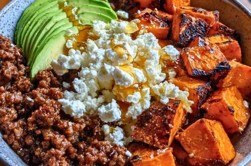 Hot Honey Beef Bowl with 45g protein, sweet and spicy flavors in a bowl