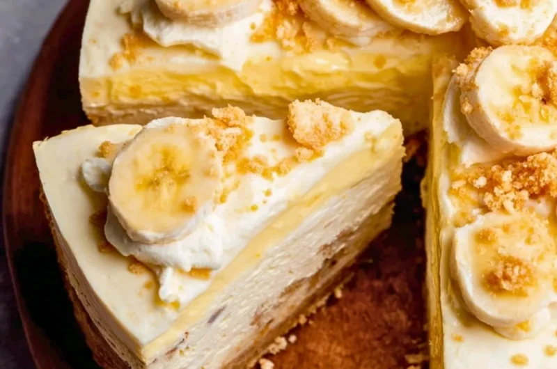 Delicious banana pudding cheesecake slice topped with whipped cream and banana slices.