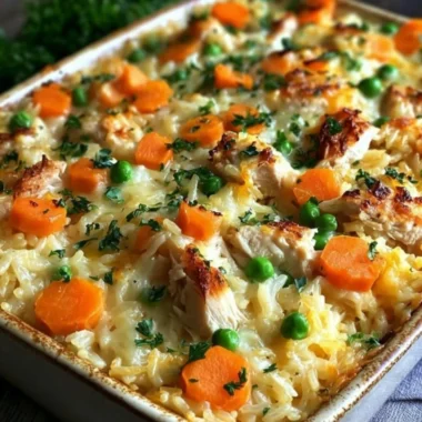 Delicious chicken and rice casserole topped with crispy edges and fresh herbs.