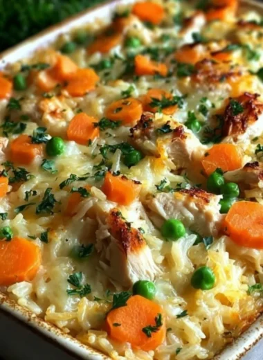 Delicious chicken and rice casserole topped with crispy edges and fresh herbs.