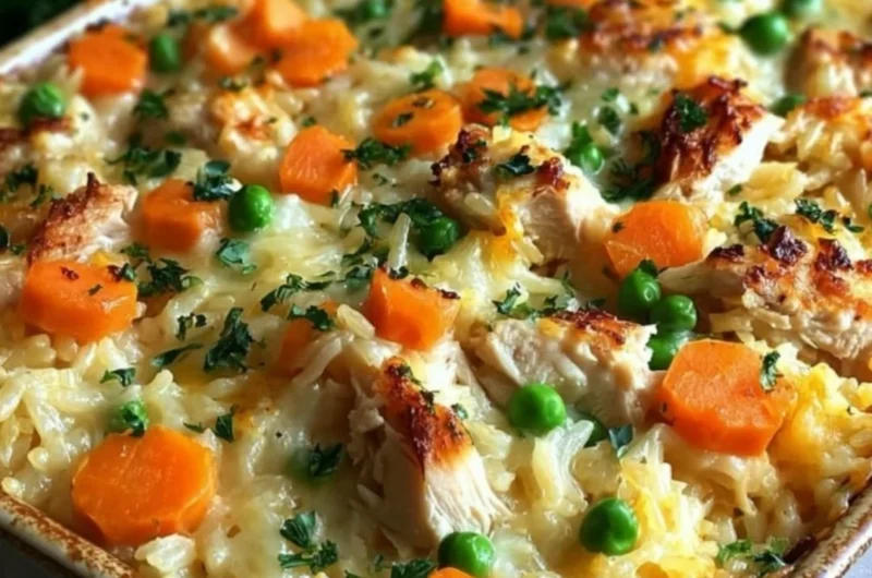 Delicious chicken and rice casserole topped with crispy edges and fresh herbs.