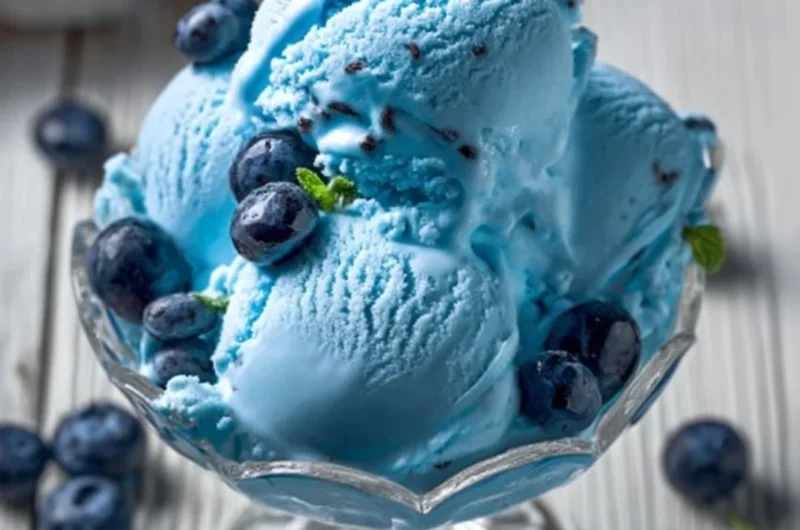 Homemade Blue Moon Ice Cream served in a bowl on a warm day