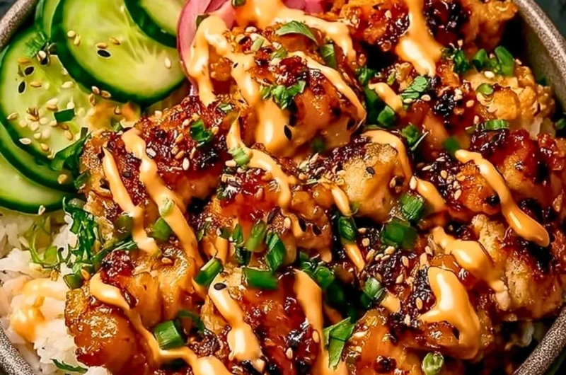 Creamy spicy chicken served over jasmine rice in a bowl