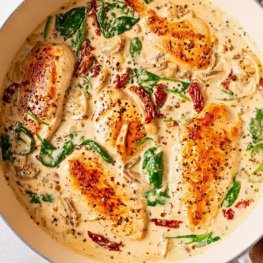 Creamy Tuscan Chicken dish with sun-dried tomatoes and spinach in a skillet.