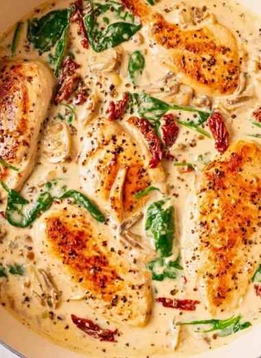 Creamy Tuscan Chicken dish with sun-dried tomatoes and spinach in a skillet.