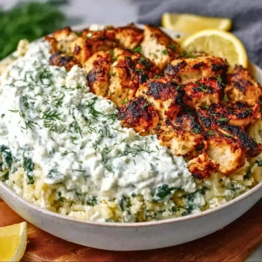 Delicious dump and bake chicken tzatziki casserole topped with fresh herbs.