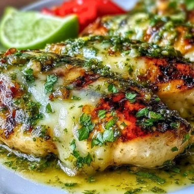 Grilled salsa verde chicken topped with pepper jack cheese on a plate