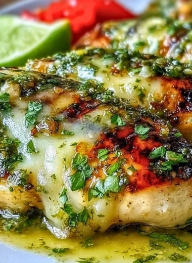 Grilled salsa verde chicken topped with pepper jack cheese on a plate