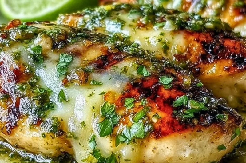 Grilled salsa verde chicken topped with pepper jack cheese on a plate