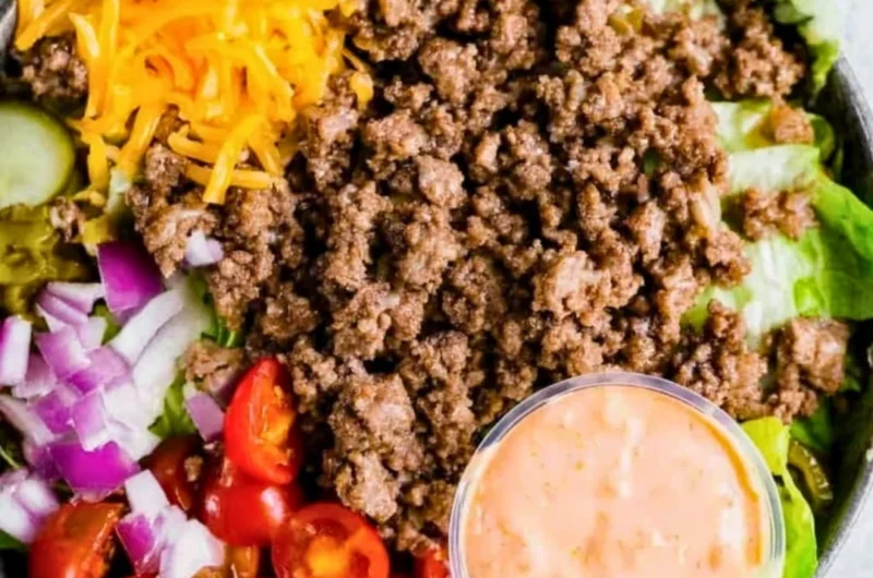 Healthy burger bowl with fresh vegetables and lean protein
