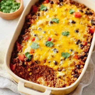 Hearty Mexican ground beef casserole topped with cheese and fresh ingredients