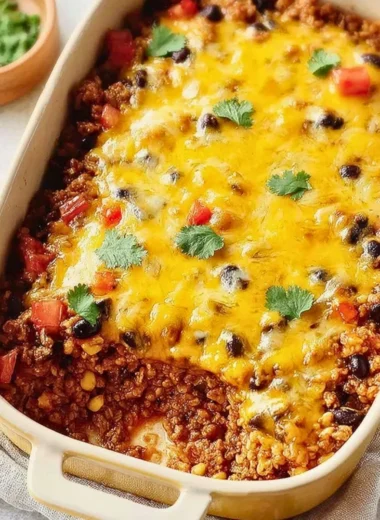 Hearty Mexican ground beef casserole topped with cheese and fresh ingredients