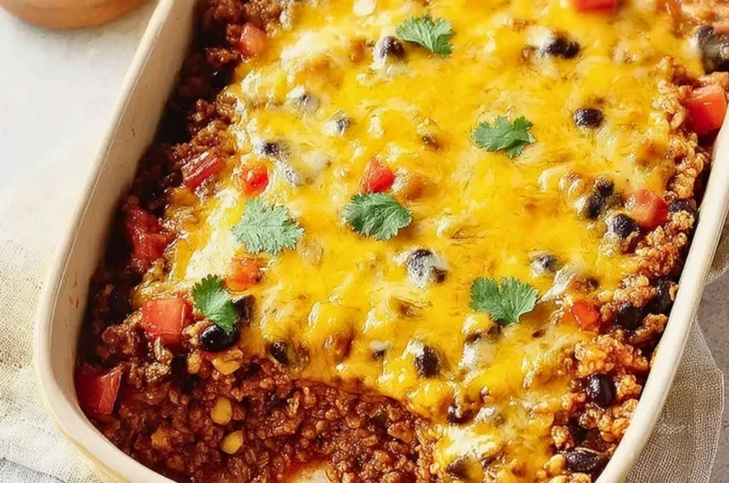 Hearty Mexican ground beef casserole topped with cheese and fresh ingredients
