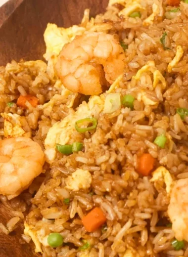 Plate of homemade Chinese shrimp fried rice with vegetables and spices