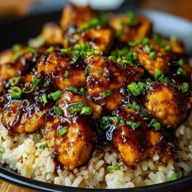 Plate of Honey BBQ Chicken served over rice, garnished with green onions.