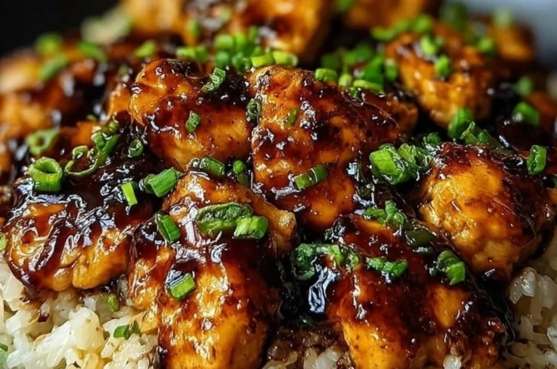 Plate of Honey BBQ Chicken served over rice, garnished with green onions.