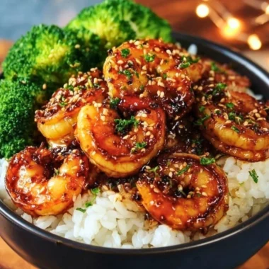 Delicious honey garlic shrimp bowl with vibrant vegetables and rice