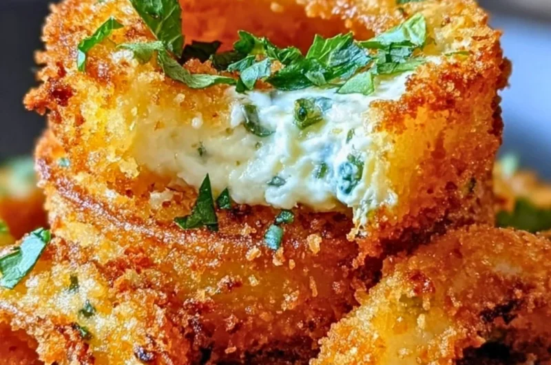 Jalapeño cream cheese stuffed onion rings served on a plate