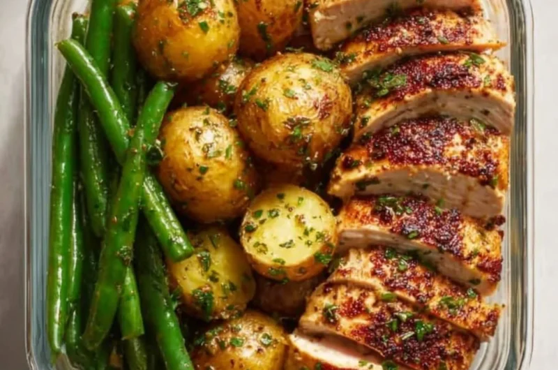 Lemon Garlic Chicken Meal Prep with fresh ingredients on a wooden table