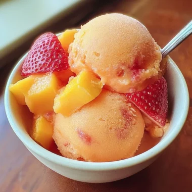 Delicious mango strawberry sorbet served in a bowl, topped with fresh fruit.