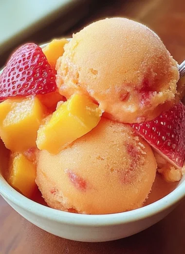 Delicious mango strawberry sorbet served in a bowl, topped with fresh fruit.
