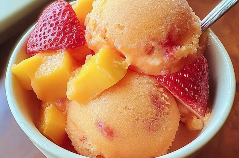 Delicious mango strawberry sorbet served in a bowl, topped with fresh fruit.