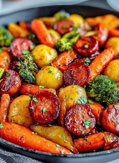 One-Pan Honey Garlic Kielbasa and Vegetables ready to serve