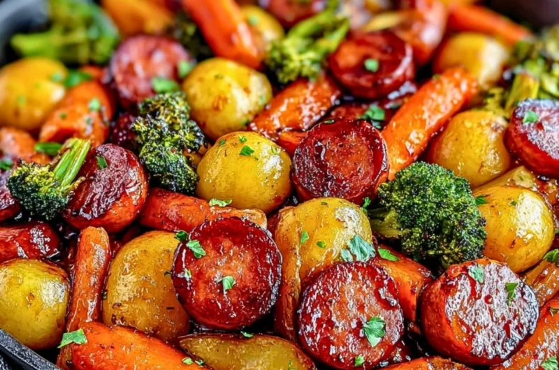 One-Pan Honey Garlic Kielbasa and Vegetables ready to serve