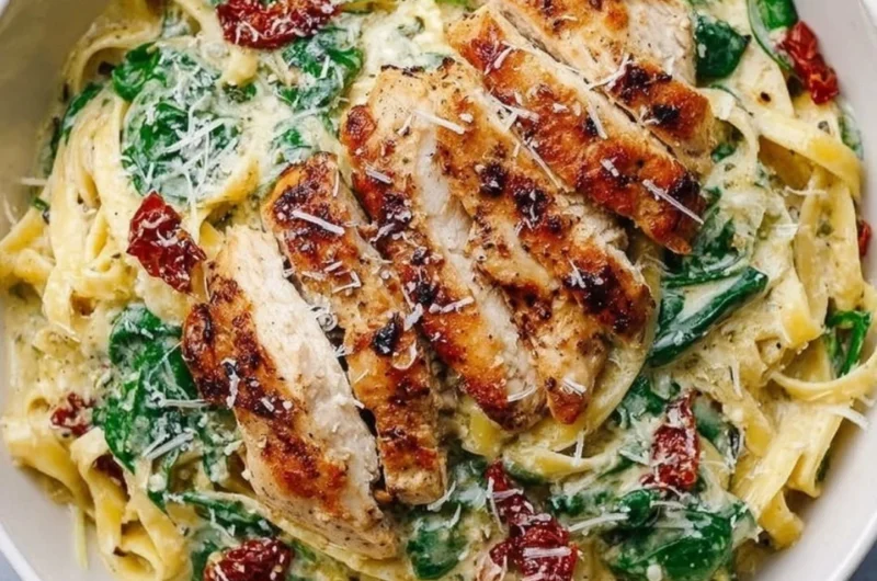 Delicious Pesto Pasta with Chicken served in a bowl with fresh basil garnish.