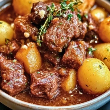 Slow Cooker Garlic Butter Beef with Potatoes dish served on a plate