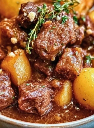 Slow Cooker Garlic Butter Beef with Potatoes dish served on a plate