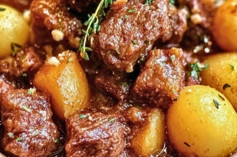 Slow Cooker Garlic Butter Beef with Potatoes dish served on a plate