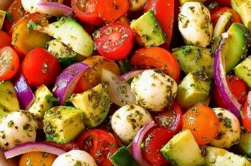 Tomato Cucumber Salad with Avocado, Mozzarella, and Basil Pesto served in a bowl
