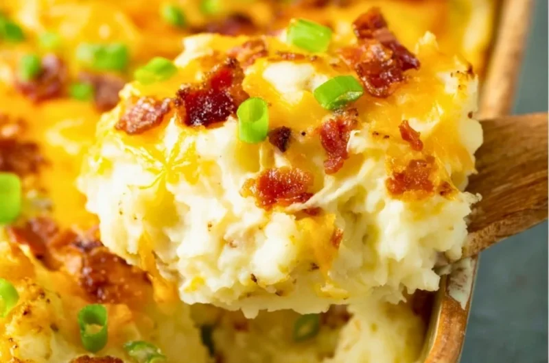 Twice Baked Potato Casserole with cheese and toppings ready for serving
