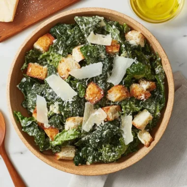A fresh 5-Ingredient Kale Caesar Salad served in a bowl.