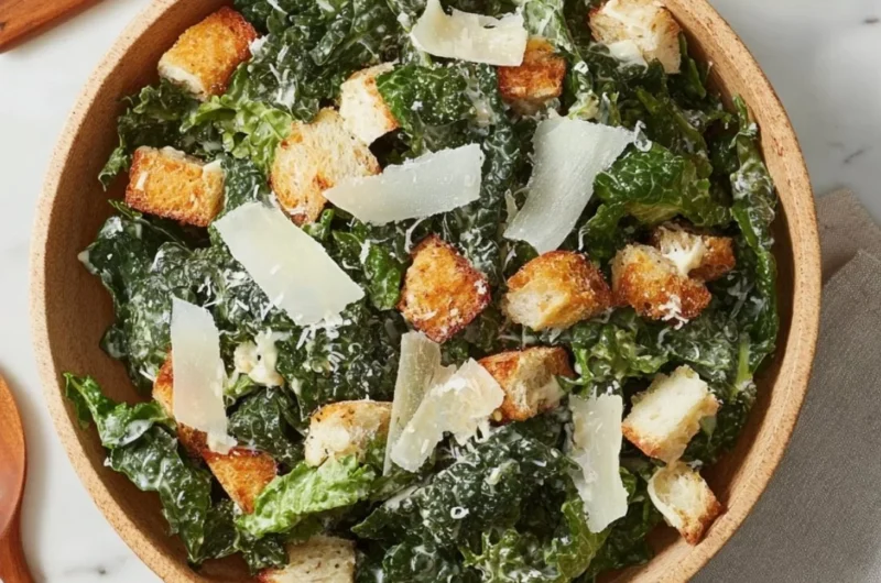 A fresh 5-Ingredient Kale Caesar Salad served in a bowl.