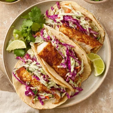 Crispy Air Fryer Fish Tacos garnished with fresh cilantro and lime
