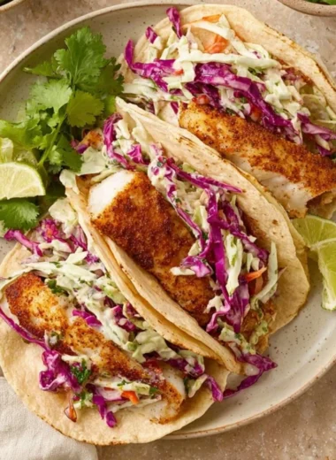 Crispy Air Fryer Fish Tacos garnished with fresh cilantro and lime