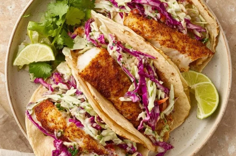 Crispy Air Fryer Fish Tacos garnished with fresh cilantro and lime