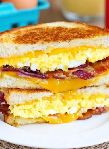 Bacon and egg grilled cheese sandwich on a plate