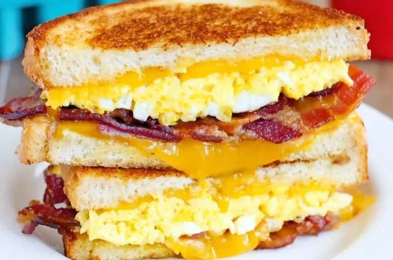 Bacon and egg grilled cheese sandwich on a plate