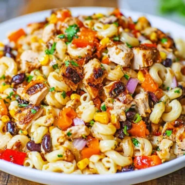 BBQ Chicken Pasta Salad with BBQ mayonnaise, corn, bell peppers, and black beans