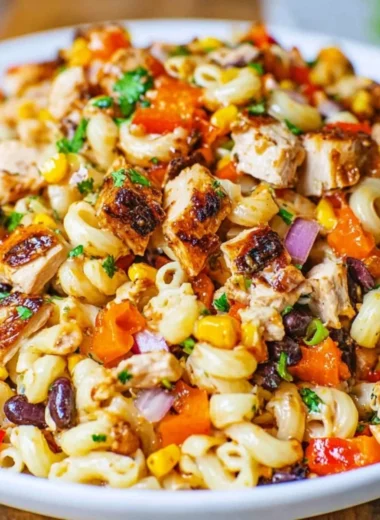 BBQ Chicken Pasta Salad with BBQ mayonnaise, corn, bell peppers, and black beans