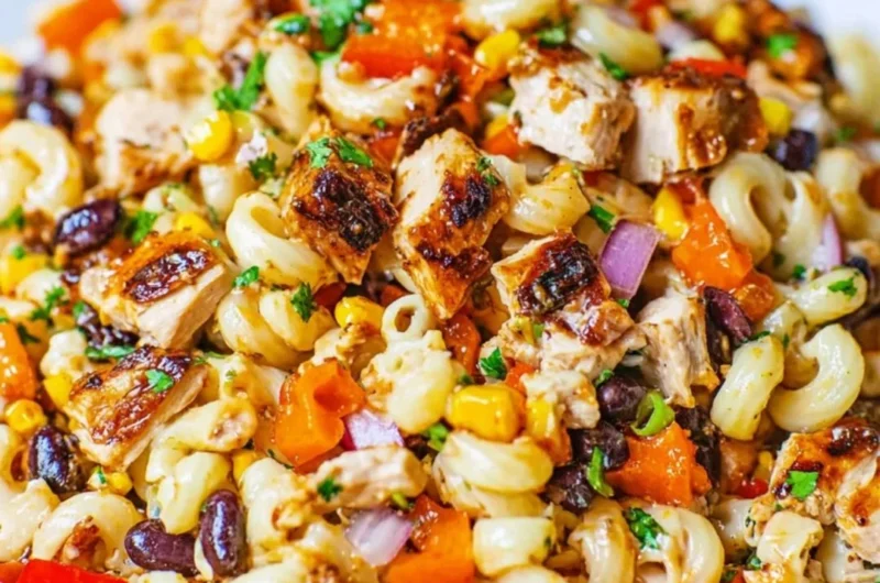 BBQ Chicken Pasta Salad with BBQ mayonnaise, corn, bell peppers, and black beans