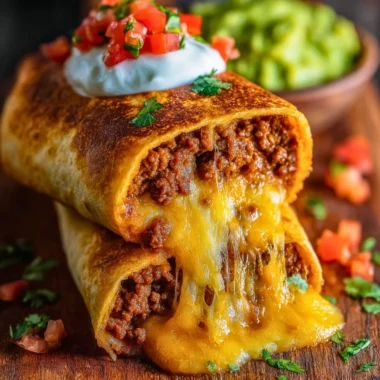 Delicious Beef and Cheese Chimichangas served with toppings
