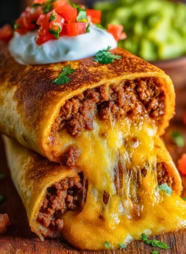 Delicious Beef and Cheese Chimichangas served with toppings