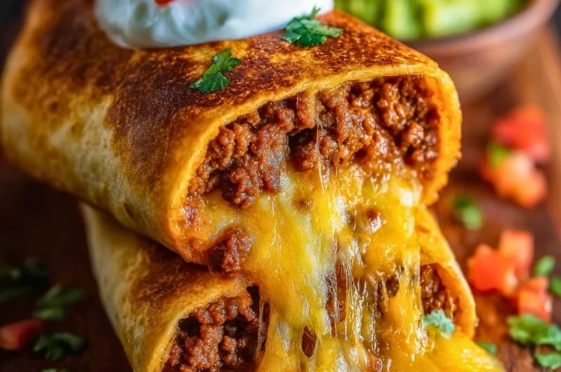 Delicious Beef and Cheese Chimichangas served with toppings