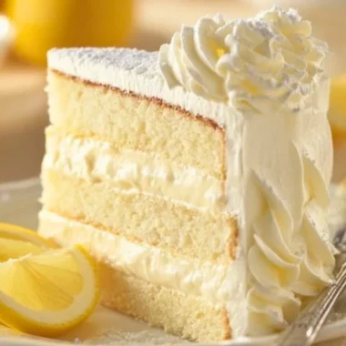 Delicious slice of Cheesecake Factory Italian Lemon Cream Cake garnished with lemon